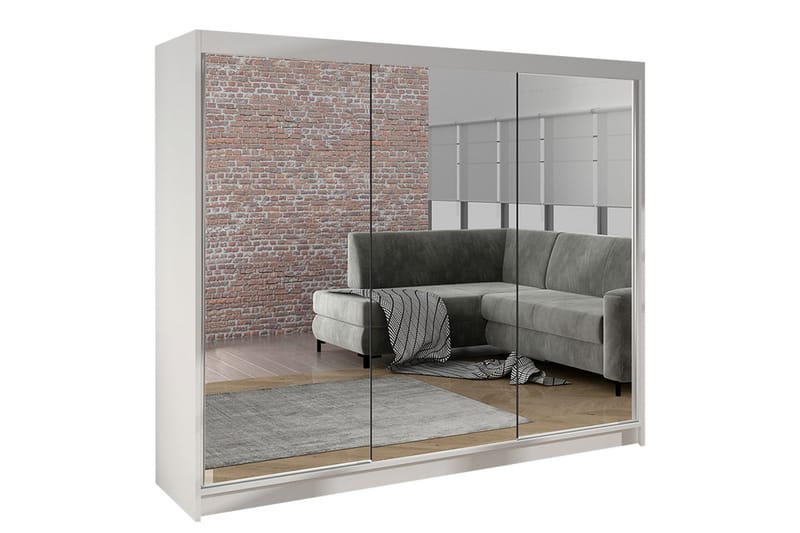 Cyria Garderobe med Spejl 200x215 cm - Hvid - Opbevaring - Tøjopbevaring - Garderobeskabe