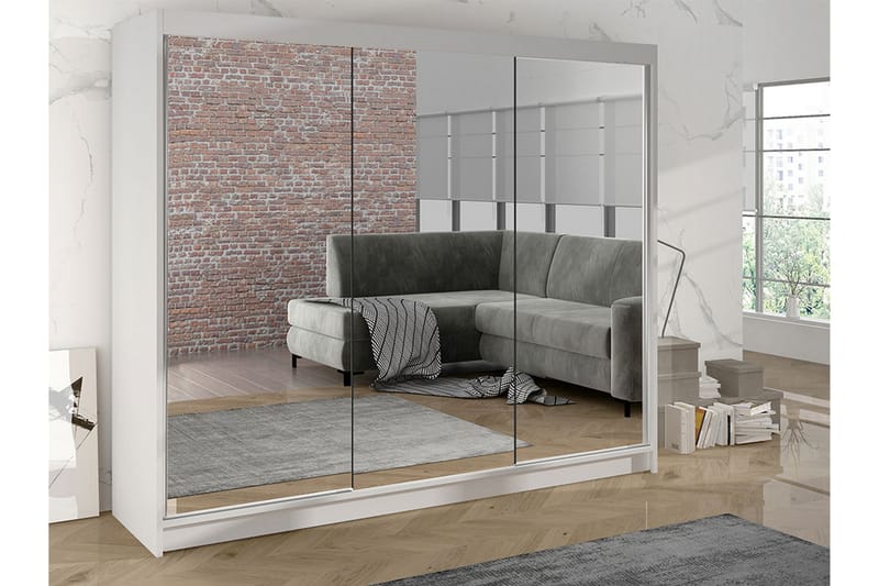 Cyria Garderobe med Spejl 200x215 cm - Hvid - Opbevaring - Tøjopbevaring - Garderobeskabe