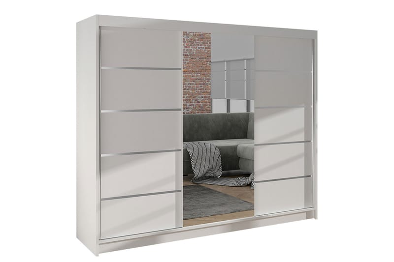 Cyria Garderobe med Spejl 200x215 cm - Hvid - Opbevaring - Tøjopbevaring - Garderobeskabe