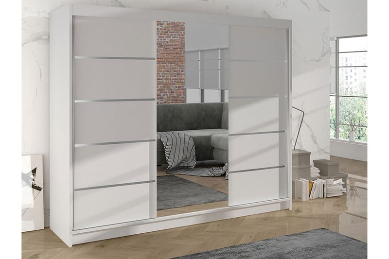 Cyria Garderobe med Spejl 200x215 cm - Hvid - Opbevaring - Tøjopbevaring - Garderobeskabe