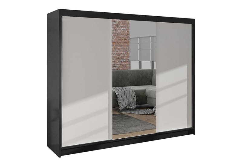 Cyria Garderobe med Spejl 200x215 cm - Hvid/Sort - Opbevaring - Tøjopbevaring - Garderobeskabe