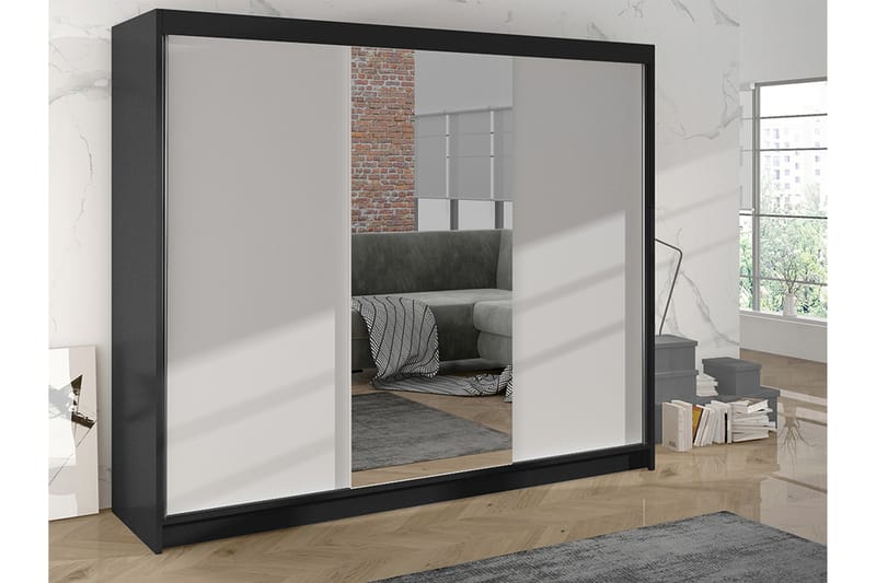 Cyria Garderobe med Spejl 200x215 cm - Hvid/Sort - Opbevaring - Tøjopbevaring - Garderobeskabe