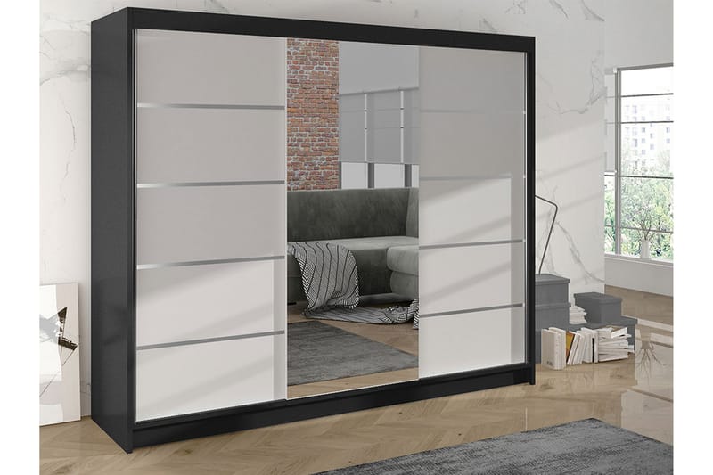 Cyria Garderobe med Spejl 200x215 cm - Hvid/Sort - Opbevaring - Tøjopbevaring - Garderobeskabe