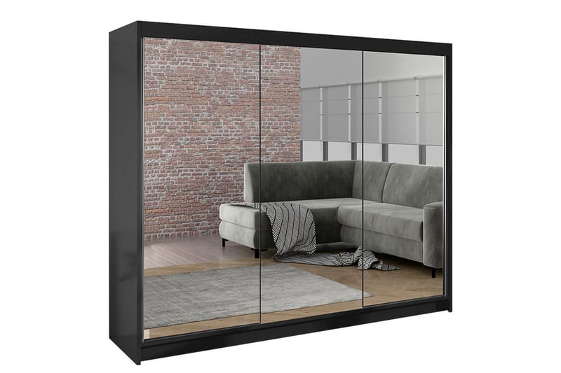 Cyria Garderobe med Spejl 200x215 cm - Sort - Opbevaring - Tøjopbevaring - Garderobeskabe