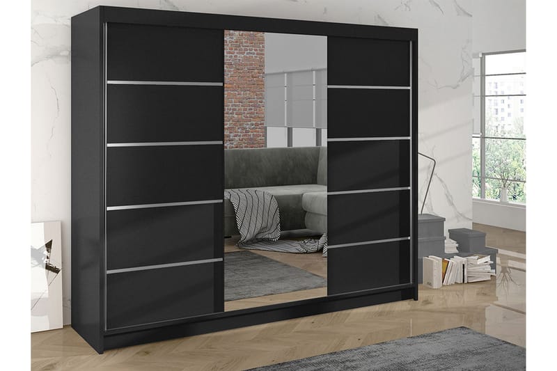 Cyria Garderobe med Spejl 200x215 cm - Sort - Opbevaring - Tøjopbevaring - Garderobeskabe