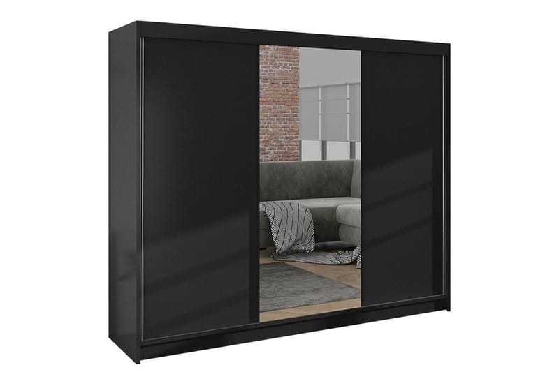 Cyria Garderobe med Spejl 200x215 cm - Sort - Opbevaring - Tøjopbevaring - Garderobeskabe