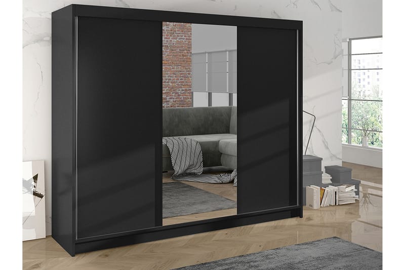 Cyria Garderobe med Spejl 200x215 cm - Sort - Opbevaring - Tøjopbevaring - Garderobeskabe