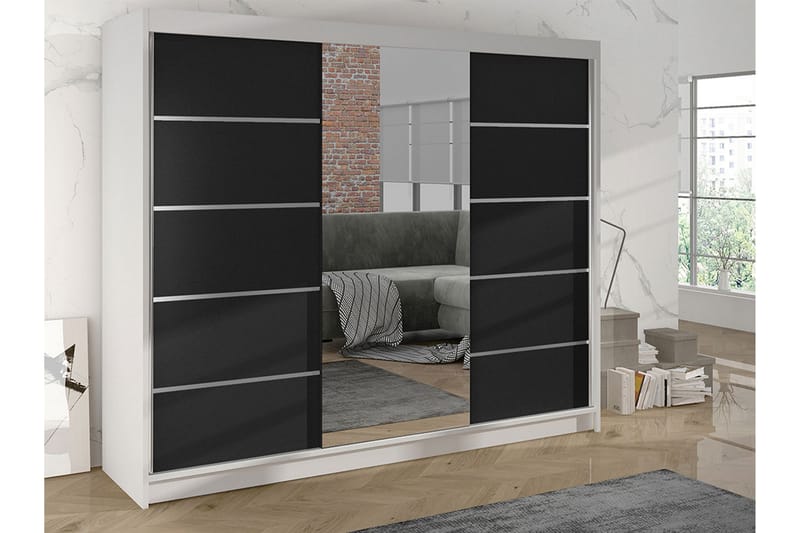 Cyria Garderobe med Spejl 200x215 cm - Sort/Hvid - Opbevaring - Tøjopbevaring - Garderobeskabe