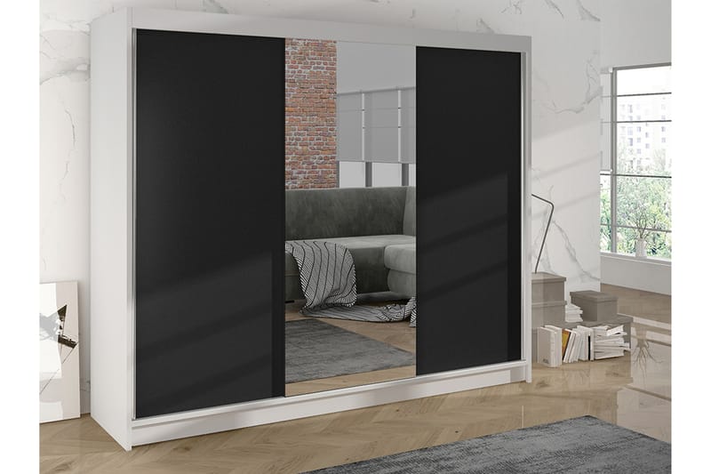 Cyria Garderobe med Spejl 200x215 cm - Sort/Hvid - Opbevaring - Tøjopbevaring - Garderobeskabe