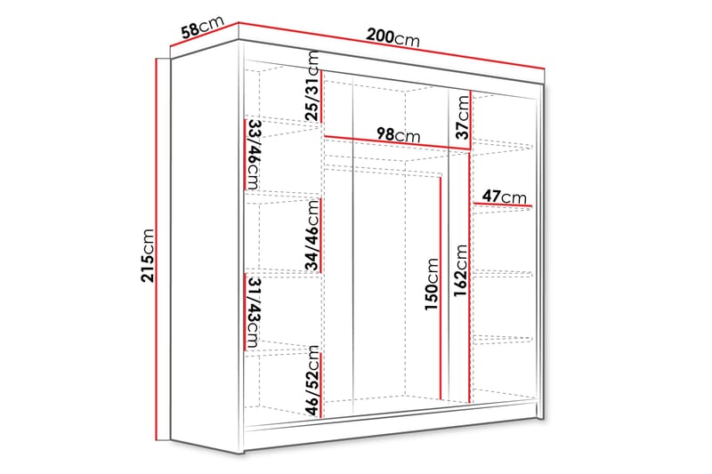 Dianna Garderobe 200x215 cm - Sort/Hvid - Opbevaring - Tøjopbevaring - Garderobeskabe