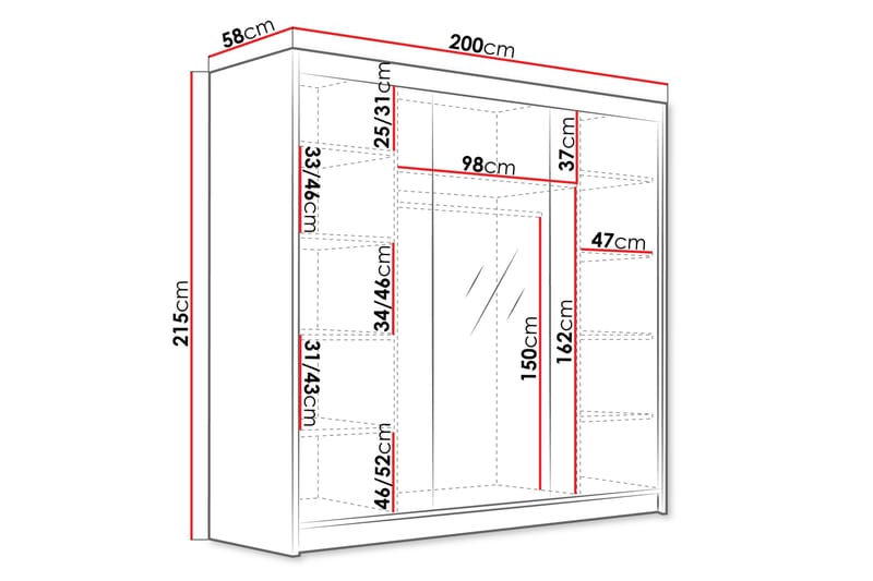 Dianna Garderobe med Spejl 200x215 cm - Hvid - Opbevaring - Tøjopbevaring - Garderobeskabe