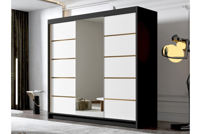 Dianna Garderobe med Spejl 200x215 cm - Hvid/Sort - Opbevaring - Tøjopbevaring - Garderobeskabe