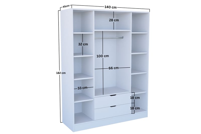 Durusu Garderobe 140x182 cm - Mat hvid - Opbevaring - Tøjopbevaring - Garderobeskabe