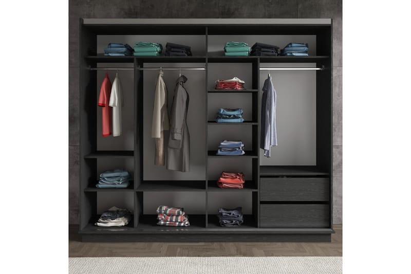 Elspet Garderobe med Spejl 240x213 cm - Sort/Brun - Opbevaring - Tøjopbevaring - Garderobeskabe