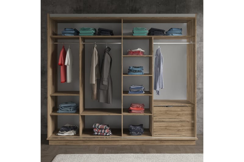 Elspet Garderobe med Spejl 240x213 cm - Valnød - Opbevaring - Tøjopbevaring - Garderobeskabe