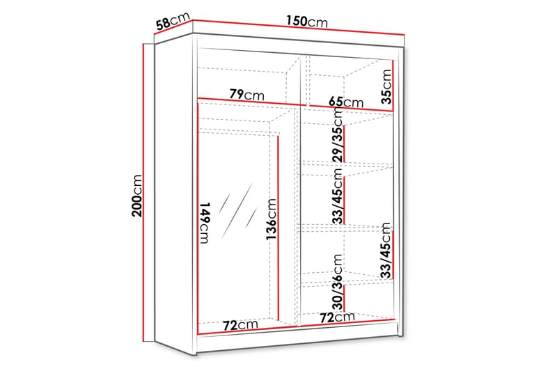 Emet Garderobe med Spejl 150x200 cm - Hvid - Opbevaring - Tøjopbevaring - Garderobeskabe