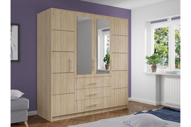 Escaldes Garderobe med Skuffer + Døre 196 cm - Beige/Træ/Natur - Opbevaring - Tøjopbevaring - Garderobeskabe