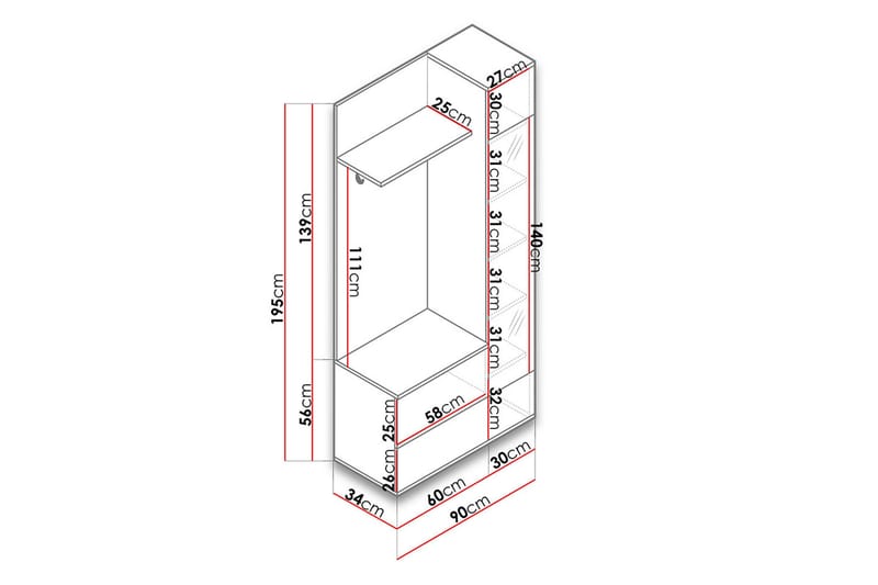 Grøn garderobe 90x34x195 cm - Opbevaring - Tøjopbevaring - Garderobeskabe