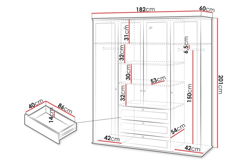 Hammerdal Garderobe med Spejl 182 cm - Hvid/Eg - Opbevaring - Tøjopbevaring - Garderobeskabe