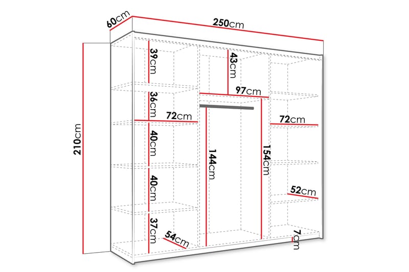 Haparanda Garderobe med Spejl 250 cm - Hvid - Opbevaring - Tøjopbevaring - Garderobeskabe