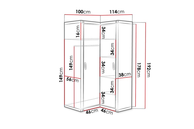 Dallas garderobe 100x58x192 cm - Opbevaring - Tøjopbevaring - Garderobeskabe - Hjørnegarderobe