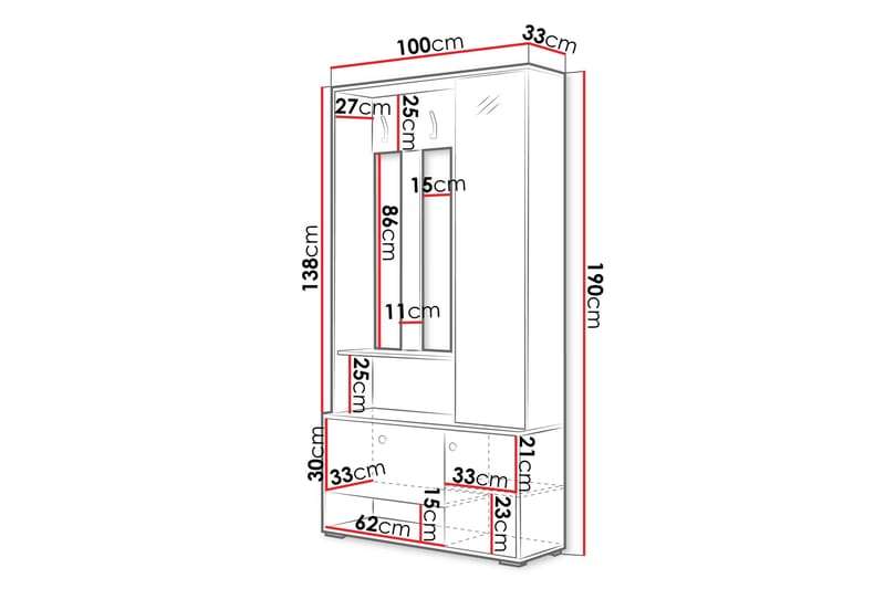 Huddinge Garderobe med Spejl 100 cm - Eg - Opbevaring - Tøjopbevaring - Garderobeskabe