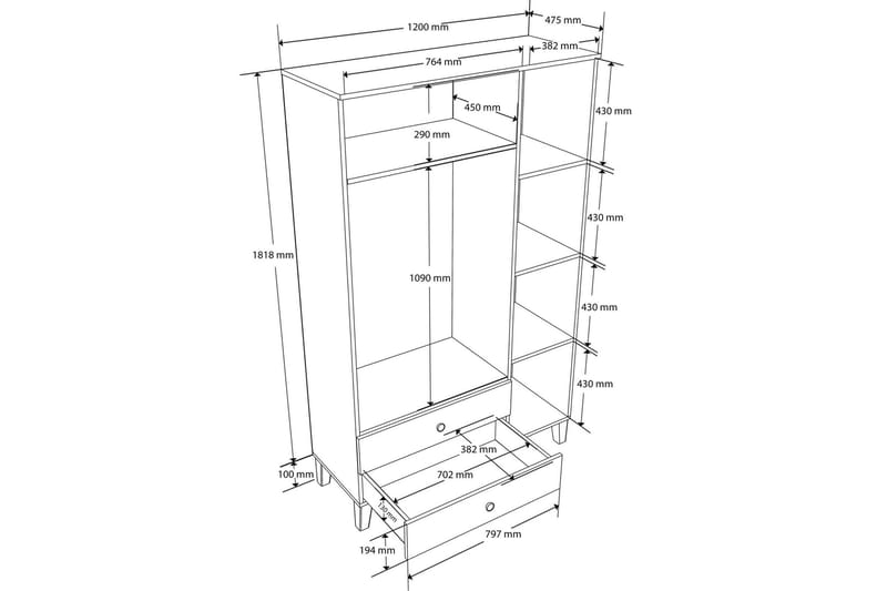 Huddy Garderobe 120x191,8 cm - Eg/Hvid - Opbevaring - Tøjopbevaring - Garderobeskabe