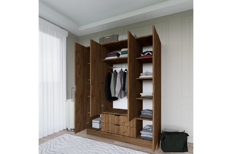 Hurtado Garderobe 140x182 cm - Valnød - Opbevaring - Tøjopbevaring - Garderobeskabe