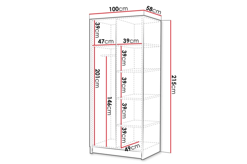 Julissa Garderobe med Spejl 100 cm - Hvid/Sort - Opbevaring - Tøjopbevaring - Garderobeskabe