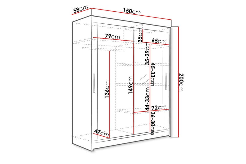 Leila Garderobe med Spejl 150x200 cm - Beige - Opbevaring - Tøjopbevaring - Garderobeskabe