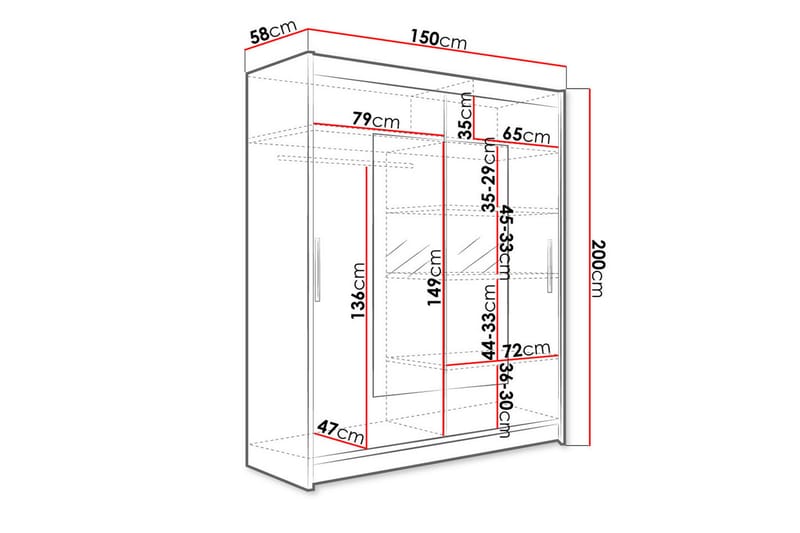 Leila Garderobe med Spejl 150x200 cm - Beige - Opbevaring - Tøjopbevaring - Garderobeskabe