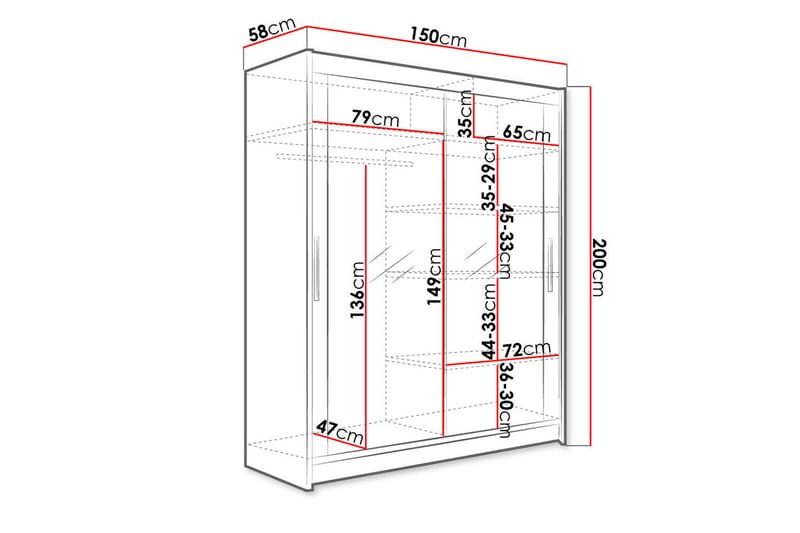 Leila Garderobe med Spejl 150x200 cm - Hvid - Opbevaring - Tøjopbevaring - Garderobeskabe