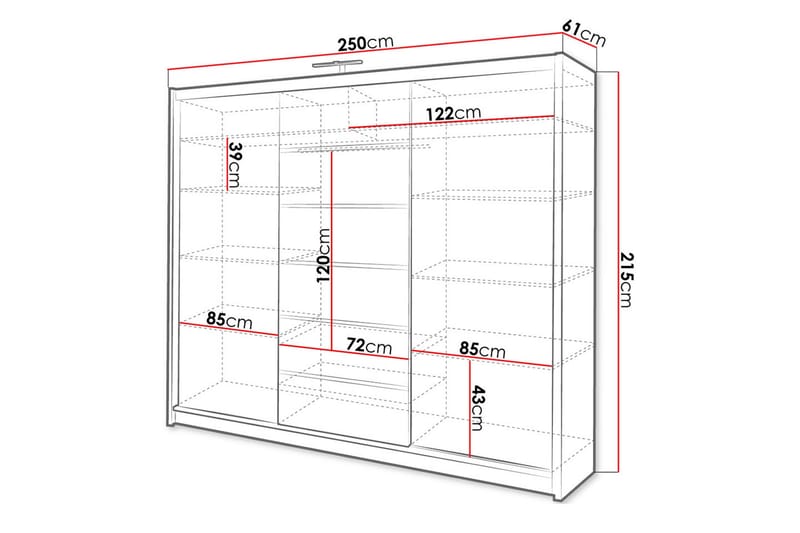 Malibu Garderobe 250x61x215 cm - Opbevaring - Tøjopbevaring - Garderobeskabe