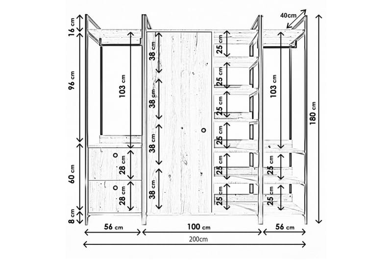 Meydani Garderobe 200x40 cm - Natur / sort - Opbevaring - Tøjopbevaring - Garderobeskabe