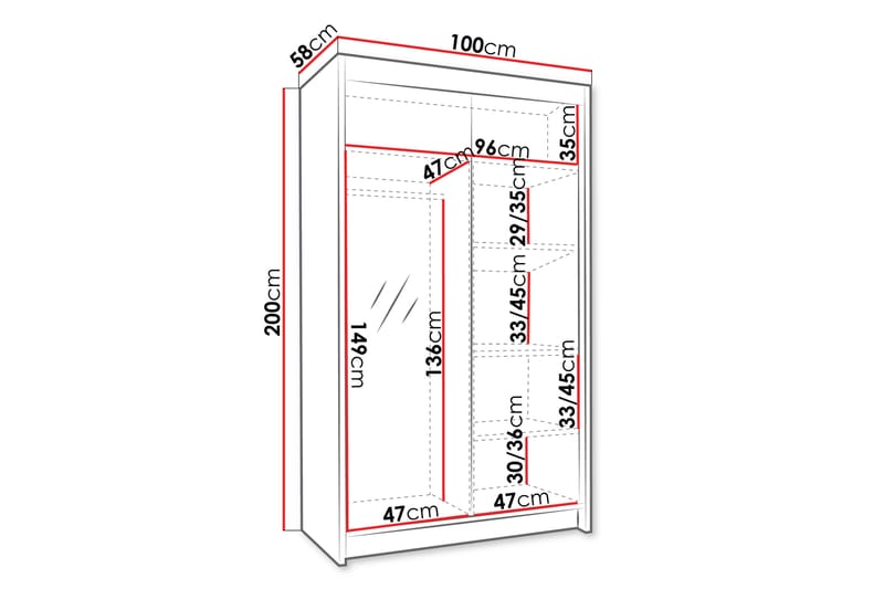 Narbonne Garderobe med Spejl 100x200 cm - Hvid - Opbevaring - Tøjopbevaring - Garderobeskabe