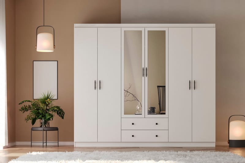 Parvinder Garderobe med Spejl 210x186 cm - Hvid - Opbevaring - Tøjopbevaring - Garderobeskabe