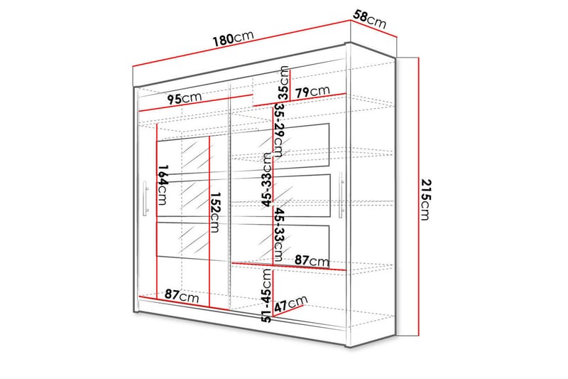 Prag Garderobe 180 cm Skydedøre Delt Spejl - Eg - Opbevaring - Tøjopbevaring - Garderobeskabe