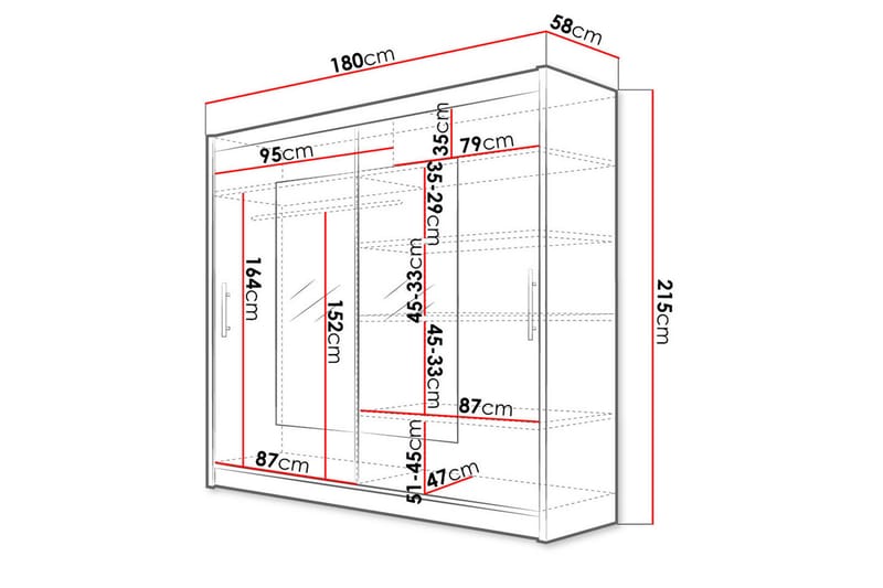 Prag Garderobe med Skydedøre Smalt Firkantet Spejl 180 cm - Hvid - Opbevaring - Tøjopbevaring - Garderobeskabe