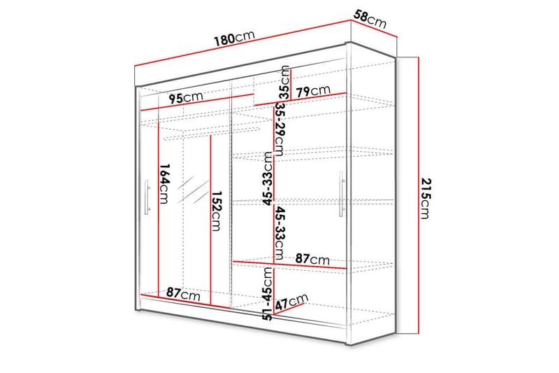 Prag Garderobe med Spejl 180x215 cm - Hvid - Opbevaring - Tøjopbevaring - Garderobeskabe