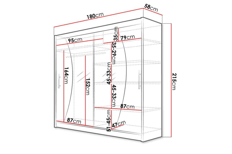 Prag Garderobe med Spejl 180x215 cm - Hvid - Opbevaring - Tøjopbevaring - Garderobeskabe