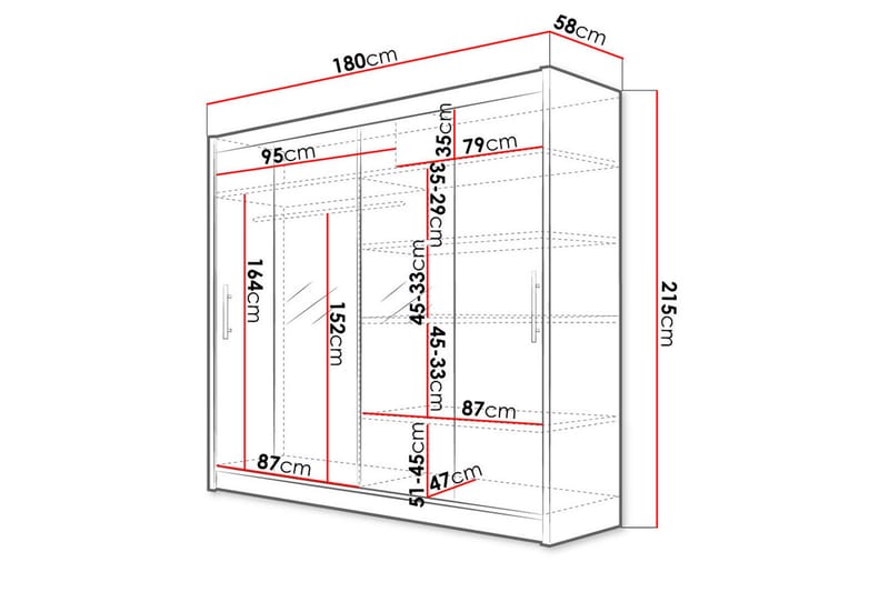 Prags Garderobe 180x57x215 cm - Hvid - Opbevaring - Tøjopbevaring - Garderobeskabe