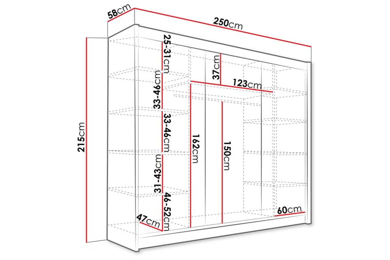 Sia Garderobe med Spejl 250x215 cm - Hvid - Opbevaring - Tøjopbevaring - Garderobeskabe