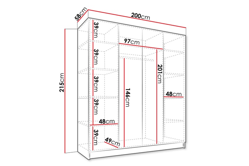 Vadstena Garderobe 200 cm - Hvid/Sort - Opbevaring - Tøjopbevaring - Garderobeskabe