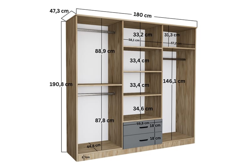 Yaman Garderobe 180x190 cm - Grå/Hvid - Opbevaring - Tøjopbevaring - Garderobeskabe