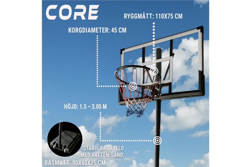 Core Basketballkurv 1,5-3,05 m - Sort - Havespil