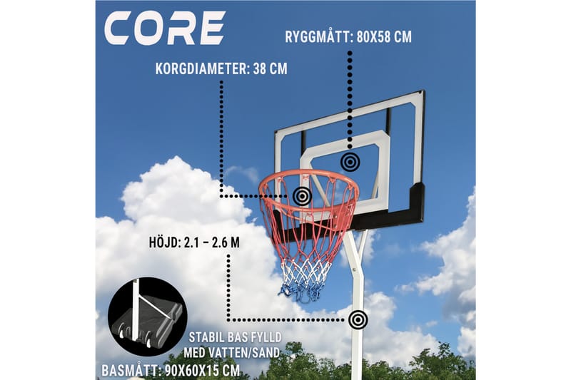 Core Basketballkurv til Ungdom 2,1-2,6 m - Sort/Orange - Havespil