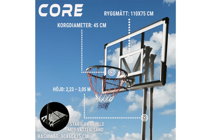 Core Basketballkurv Premium 2,3-3,05 m - Sort - Havespil