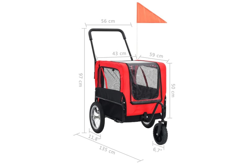 2-I-1 Cykelanhænger Og Joggingklapvogn Til Kæledyr Rød Og - Rød - Sport & fritid - Til dyrene - Til hund - Hundemøbler